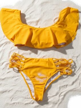 Yellow Ruffle Off-Shoulder Bikini Set - Kids Swim